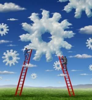 18283490 - cloud management business with a group of business people climbing red ladders to work on clouds shaped as a gear or cogs as a concept of a working team partnership with technology businessmen